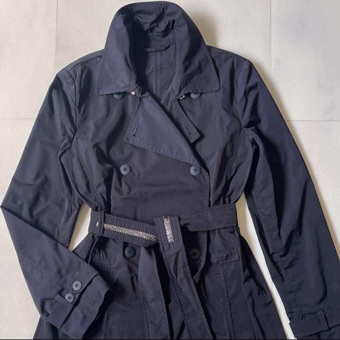 極美品 マックスマーラ トレンチコート ビジュー付き ベルト 40 ネイビー L