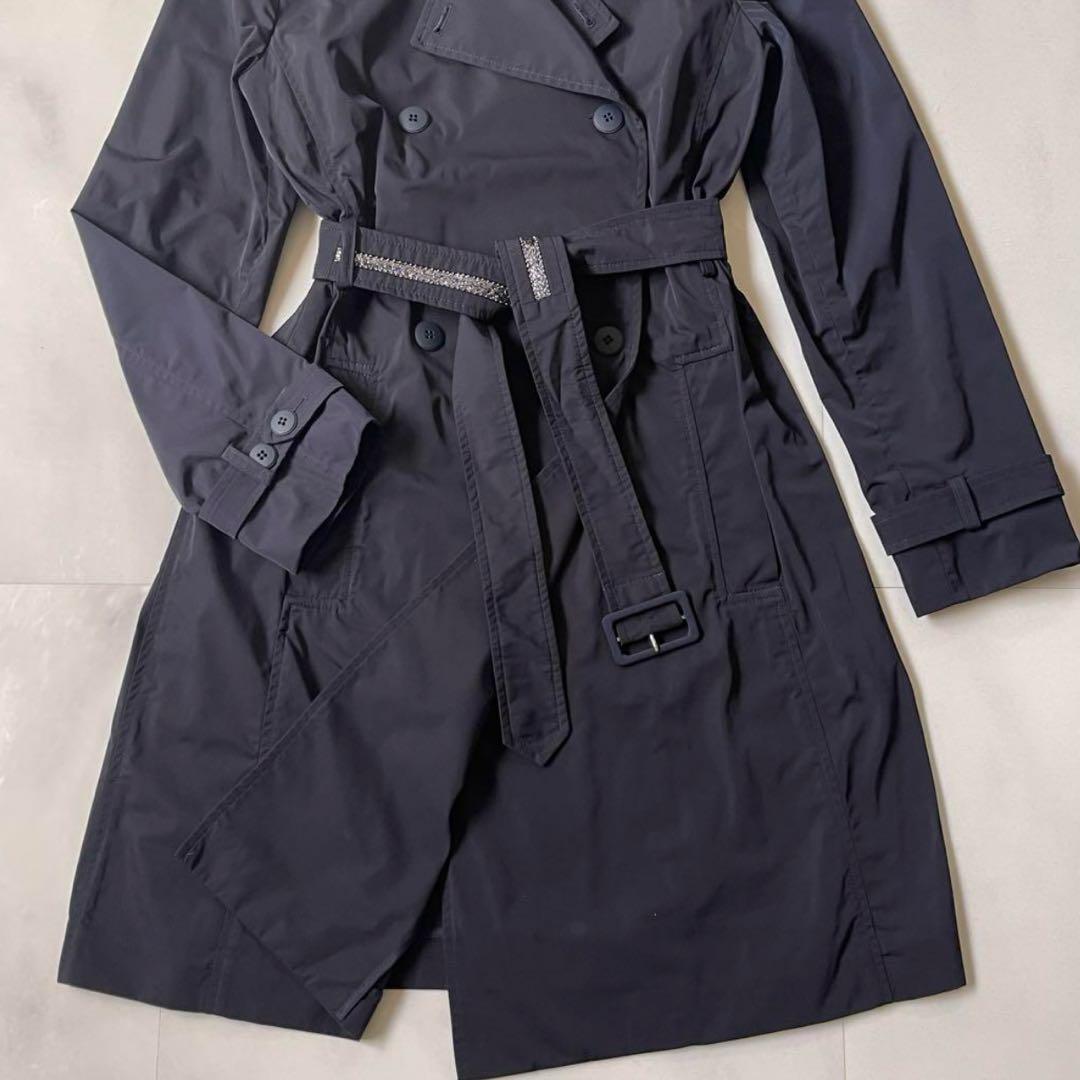 極美品 マックスマーラ トレンチコート ビジュー付き ベルト 40 ネイビー L