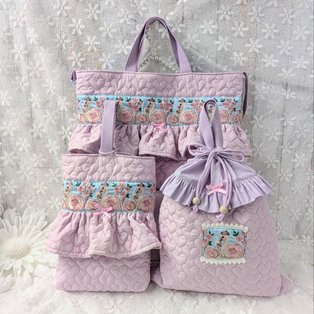 五十鈴ページ　入学3点セット等　ハートキルト　スワン刺繍リボン