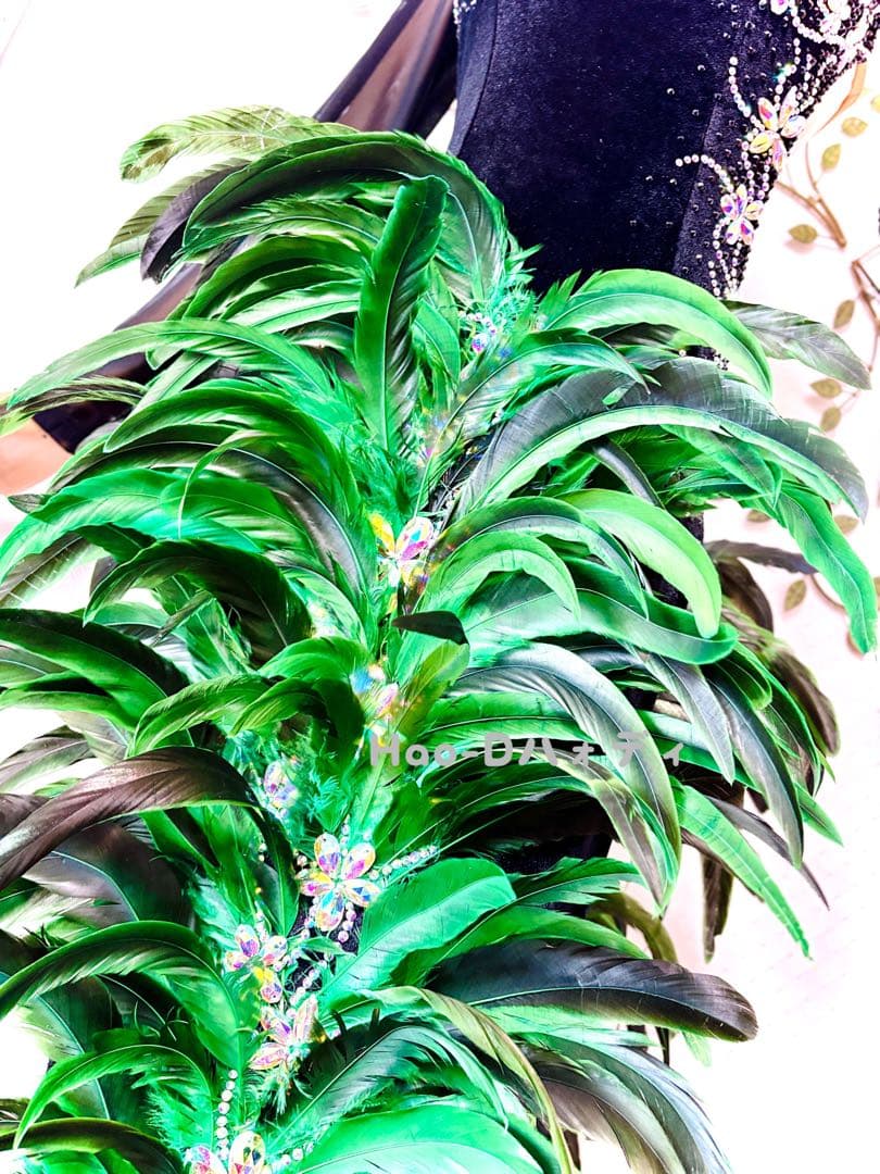 新品★ラテンドレス★M★社交ダンスロング羽★ボリューミー★競技会★黒緑