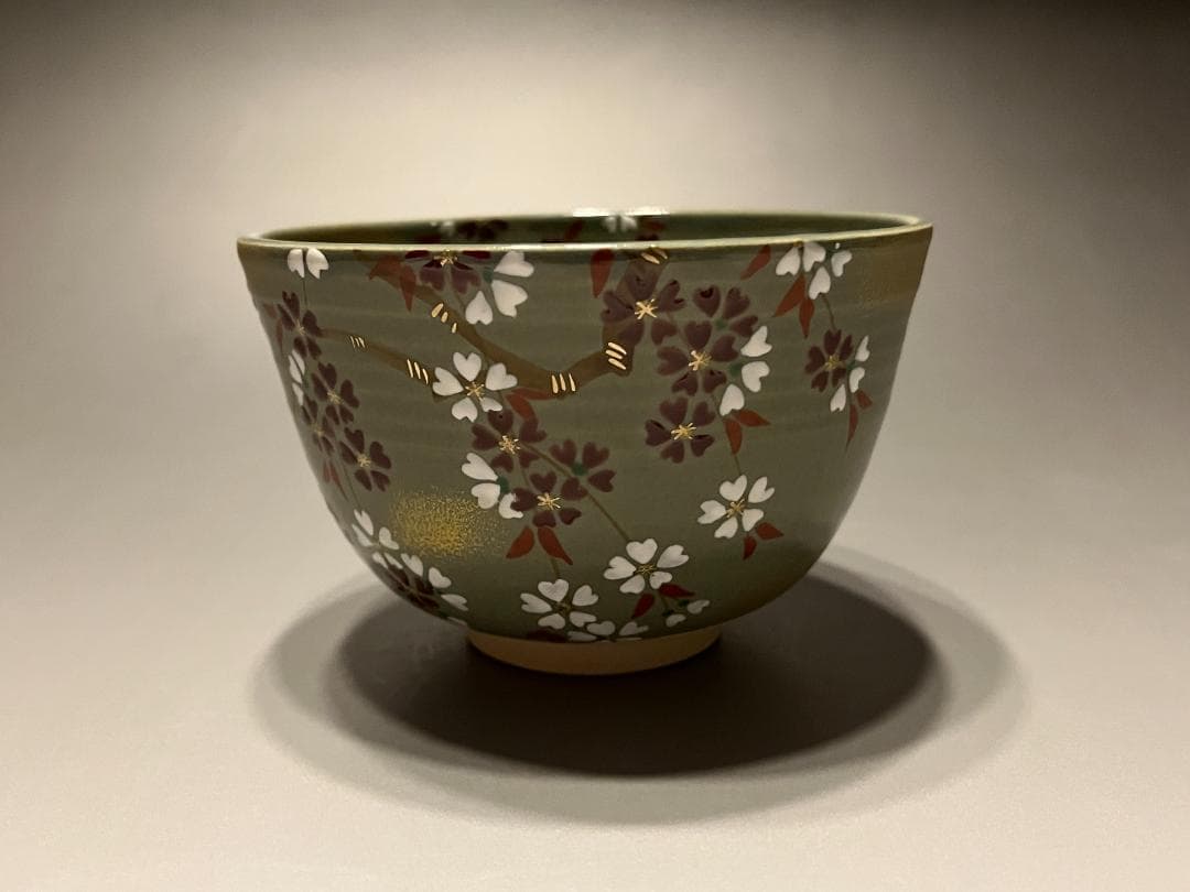 東山深山　紅白しだれ桜　色絵　茶碗　茶道具　他2点
