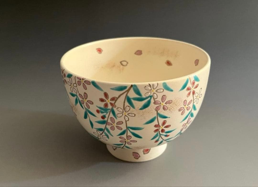 東山深山　紅白しだれ桜　色絵　茶碗　茶道具　他2点