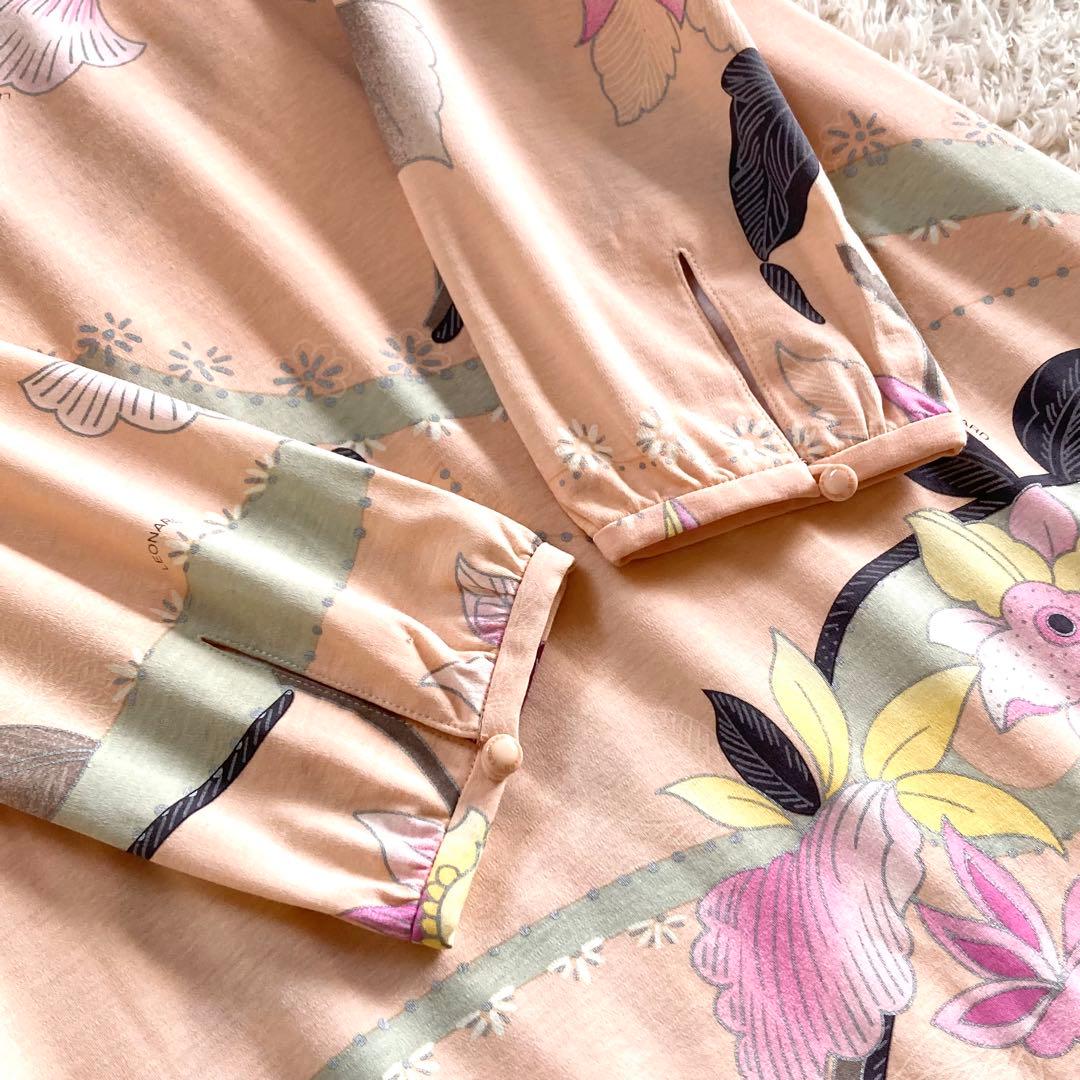 【極美品】レオナール ボタニカルワンピース フラワートリム 花柄 Aライン