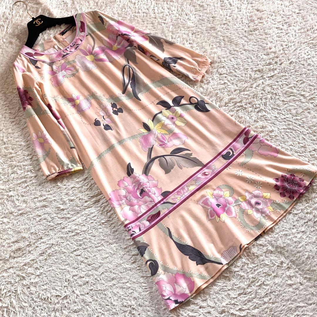 【極美品】レオナール ボタニカルワンピース フラワートリム 花柄 Aライン