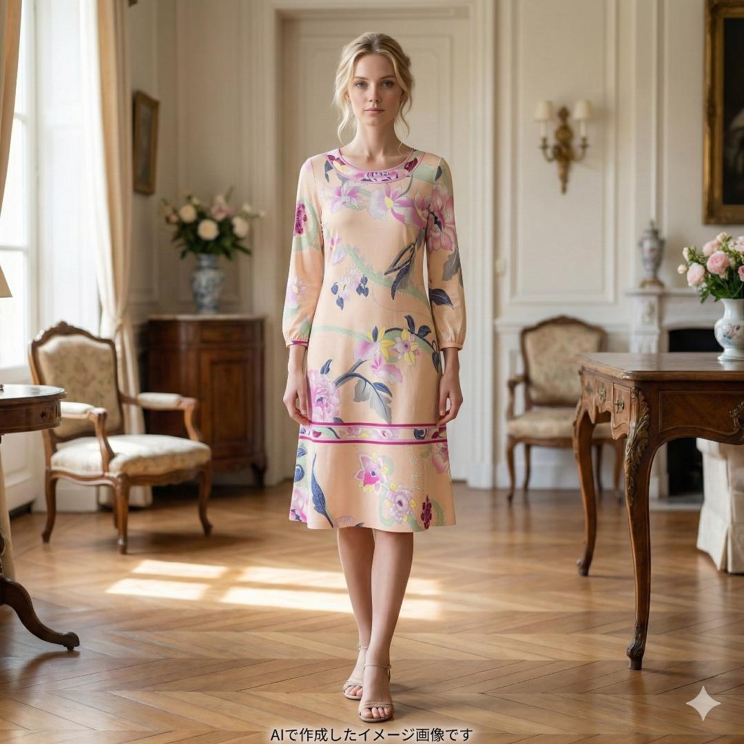 【極美品】レオナール ボタニカルワンピース フラワートリム 花柄 Aライン