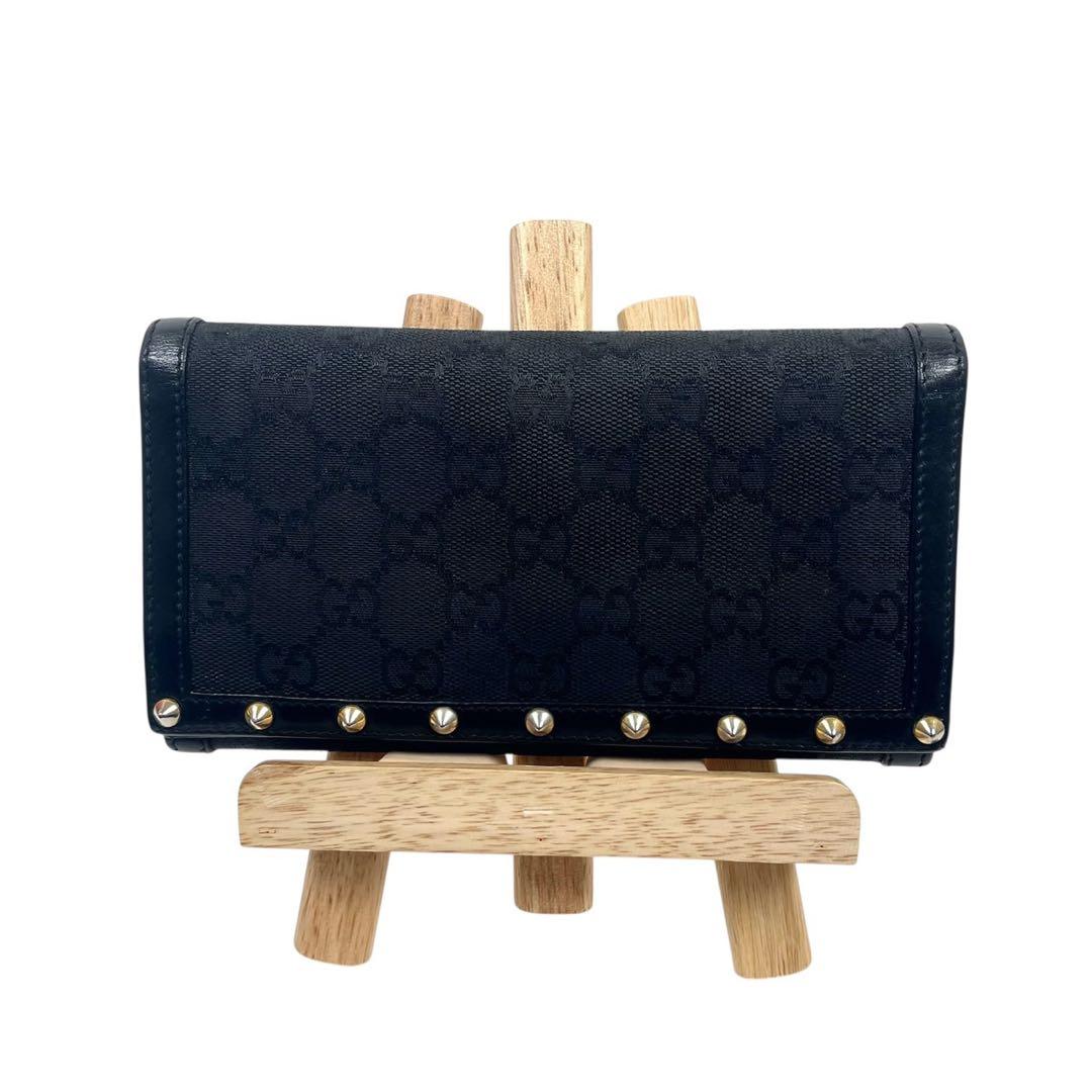 グッチ　長財布　スタッズ　GGキャンバス　総柄　ロゴ型押し　レザー　ブラック