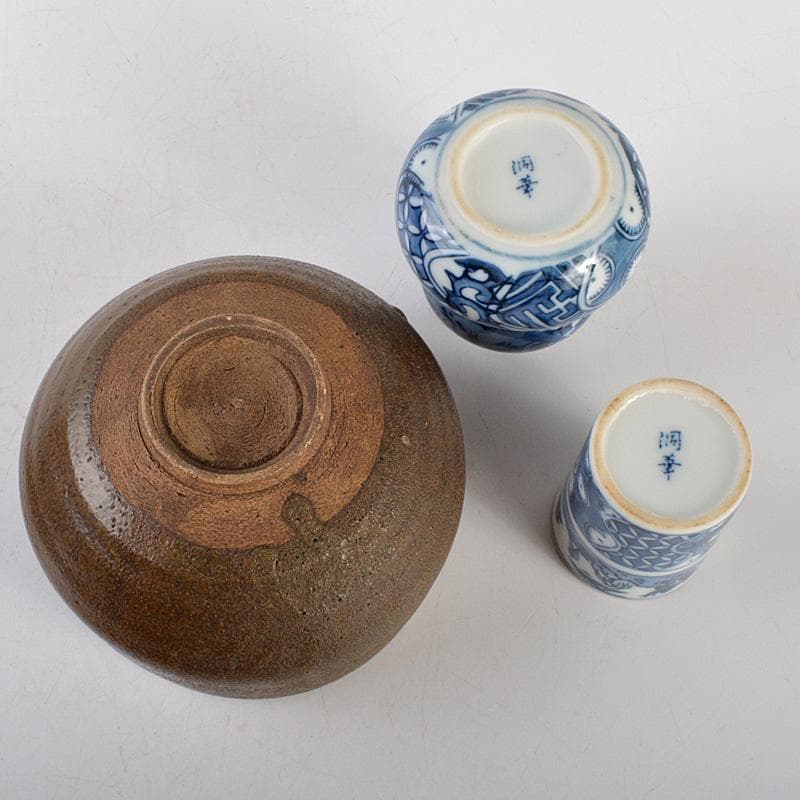 茶道具　漆塗　春慶塗茶箱　洞華作　茶碗　香合など　七点　一式　仕覆付　C6457