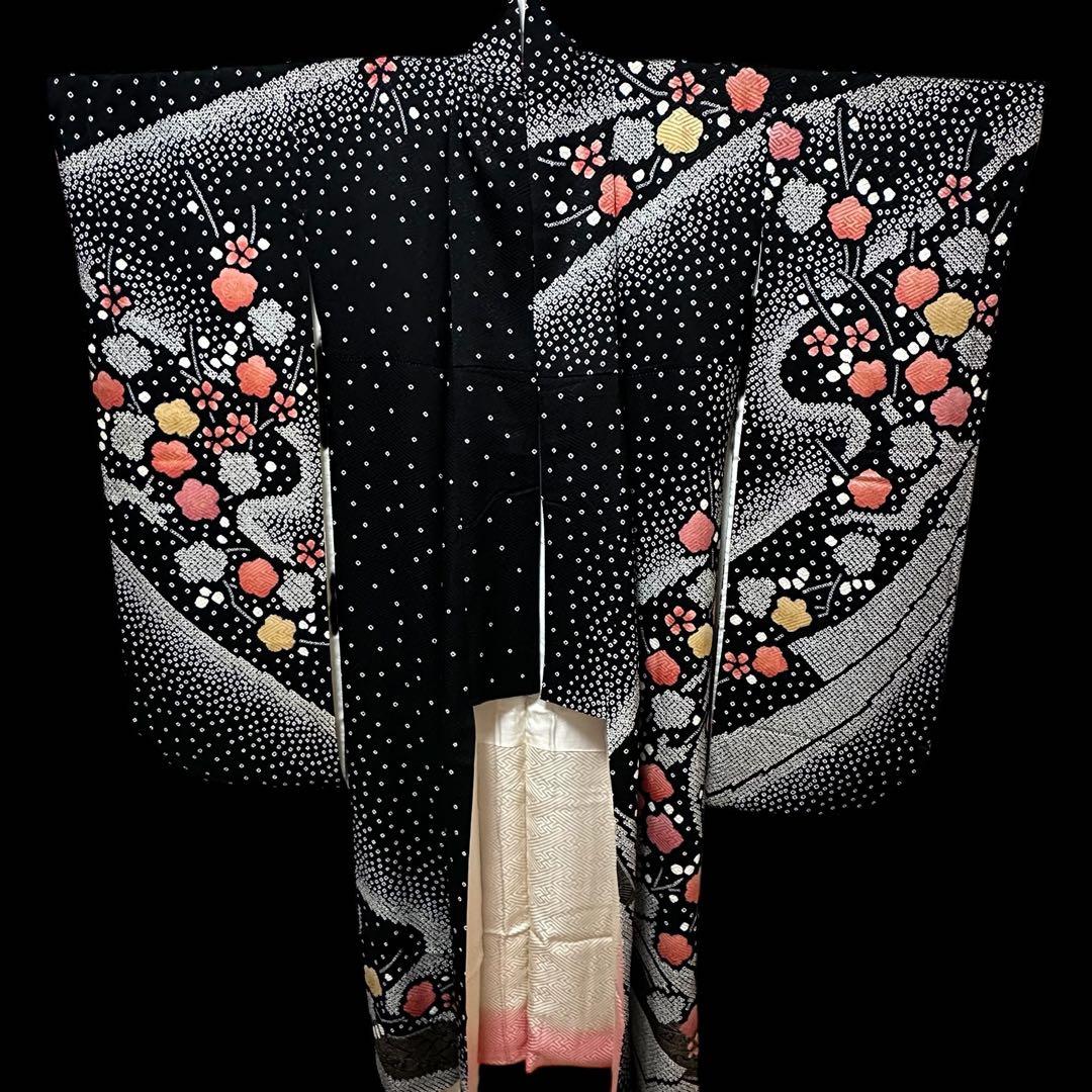 ★幻想的な黒色振袖セット6点‼️コントラストの美しい見事な絞り　正絹　やまと誂製