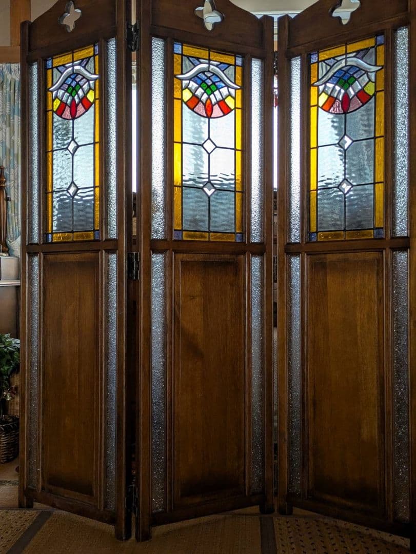 ステンドグラス 木製パーテーション 三つ折り