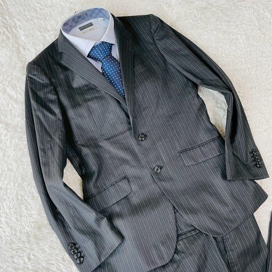 美品　ニコル　スーツ　セットアップ　グレー　48　裏地ペイズリー　ストライプ