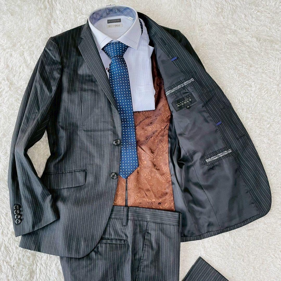 美品　ニコル　スーツ　セットアップ　グレー　48　裏地ペイズリー　ストライプ