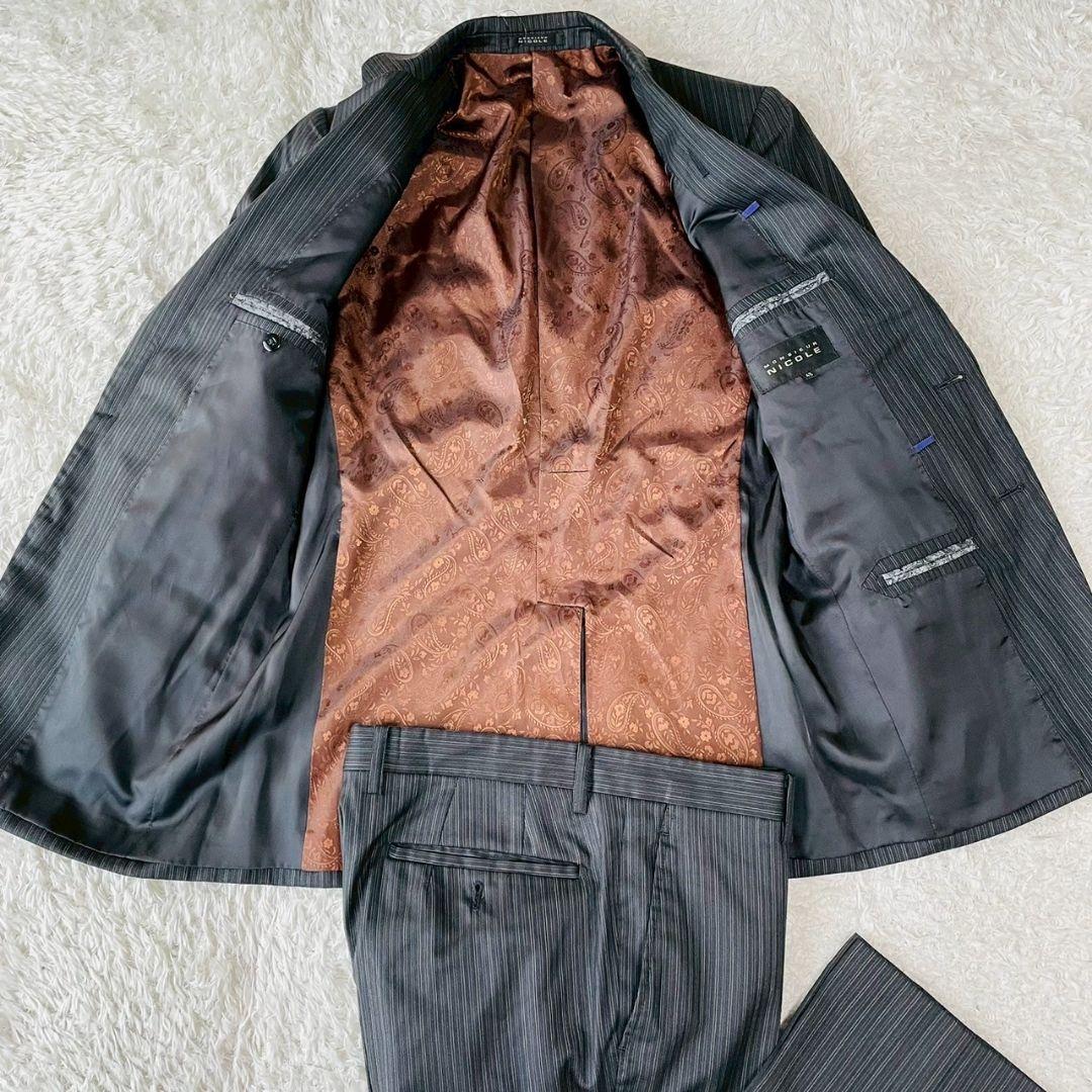 美品　ニコル　スーツ　セットアップ　グレー　48　裏地ペイズリー　ストライプ