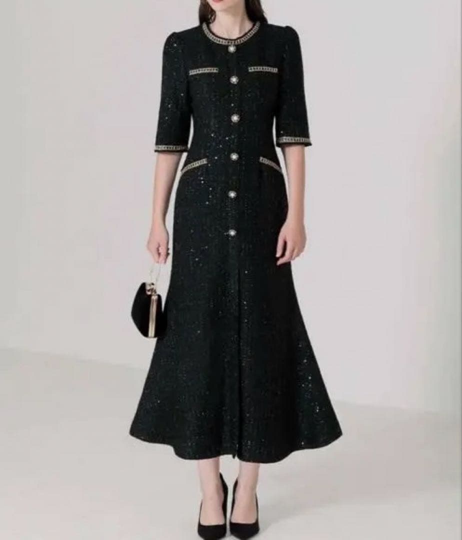 Leja ラメツイードレザーパイピングパールマーメイドワンピース