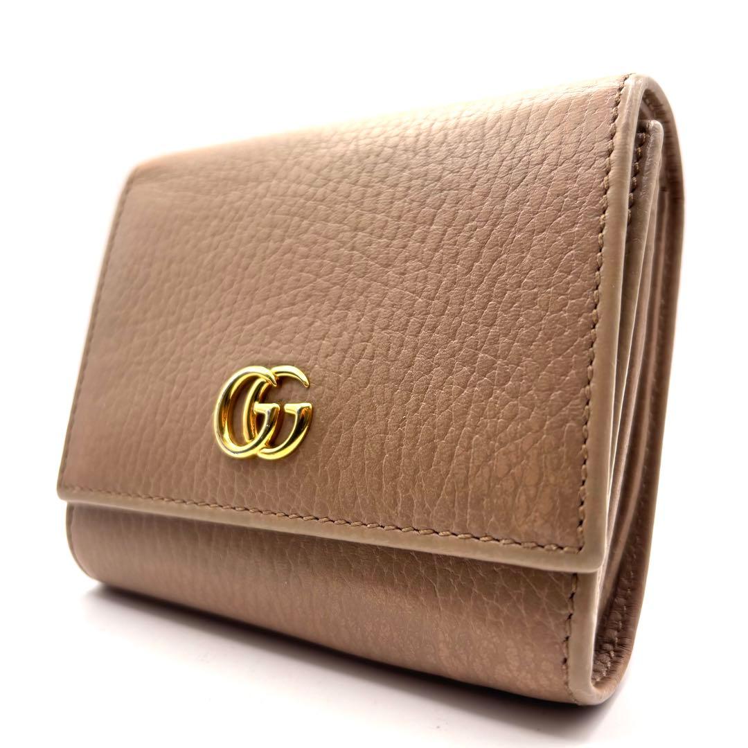 グッチ 折り財布 マーモント GG ロゴ 金具 ファスナー レザー ベージュ