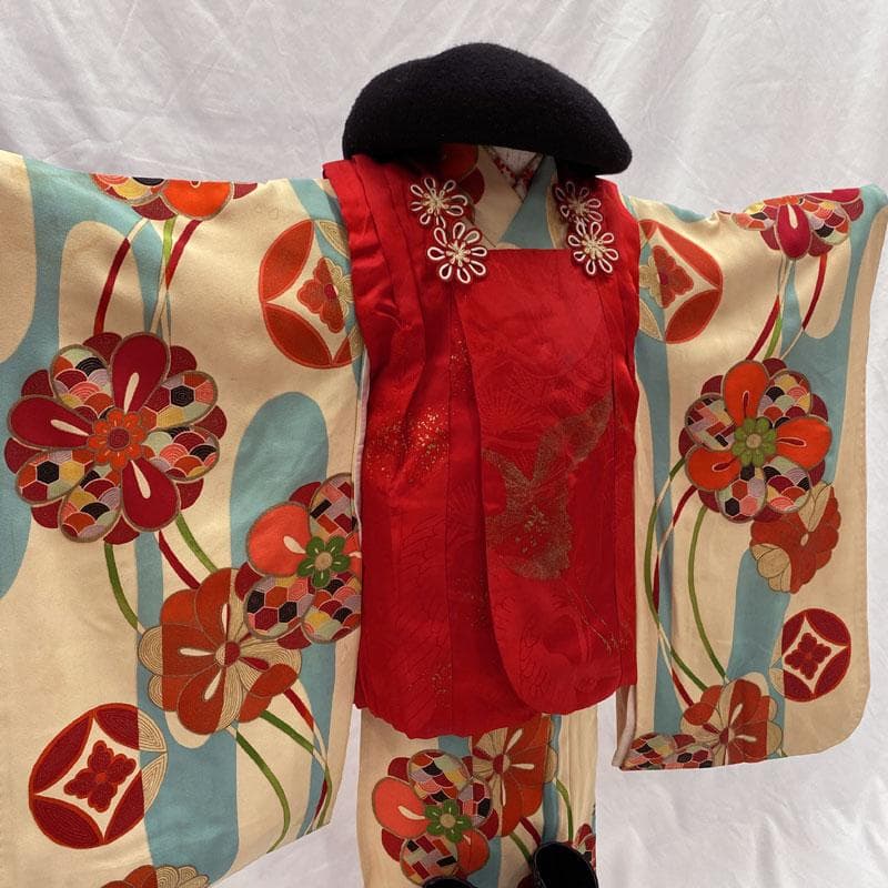 503ag80◎七五三 三歳 女の子 アンティーク着物&被布&長襦袢◎