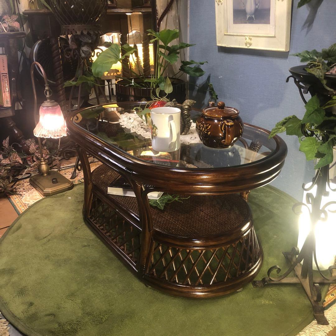 美品　ヴィンテージ ブラウン　籐ラタンフレーム センターテーブル　オーバル