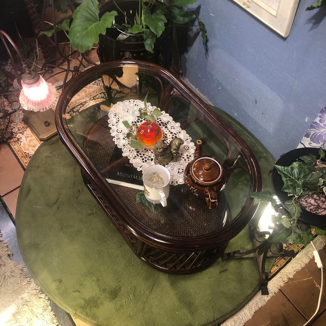 美品　ヴィンテージ ブラウン　籐ラタンフレーム センターテーブル　オーバル