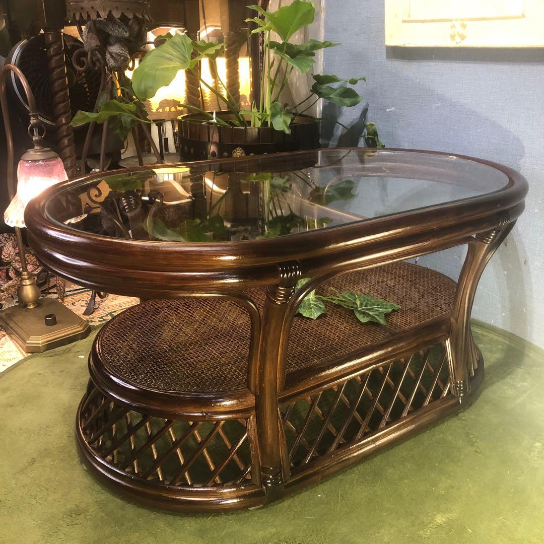美品　ヴィンテージ ブラウン　籐ラタンフレーム センターテーブル　オーバル