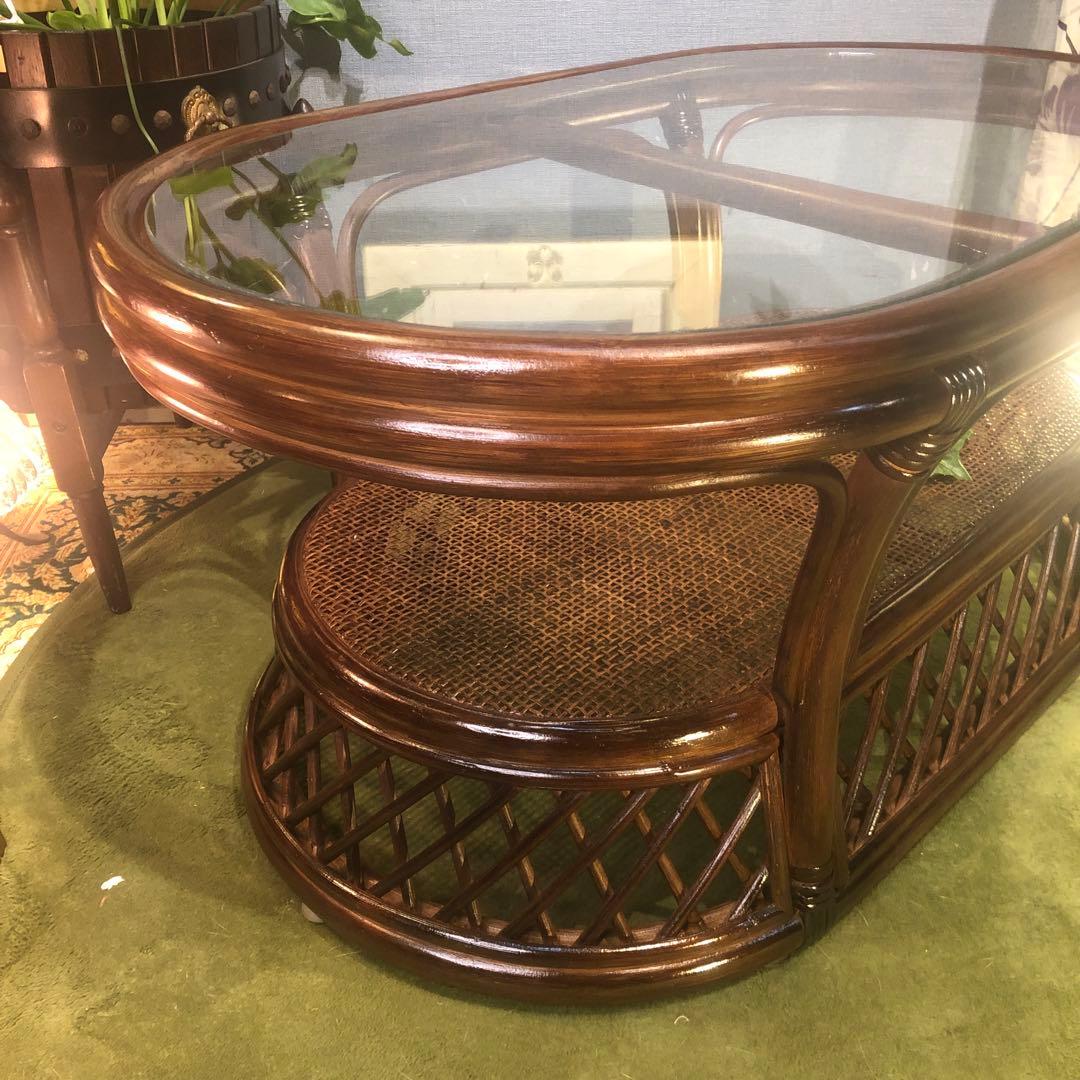 美品　ヴィンテージ ブラウン　籐ラタンフレーム センターテーブル　オーバル