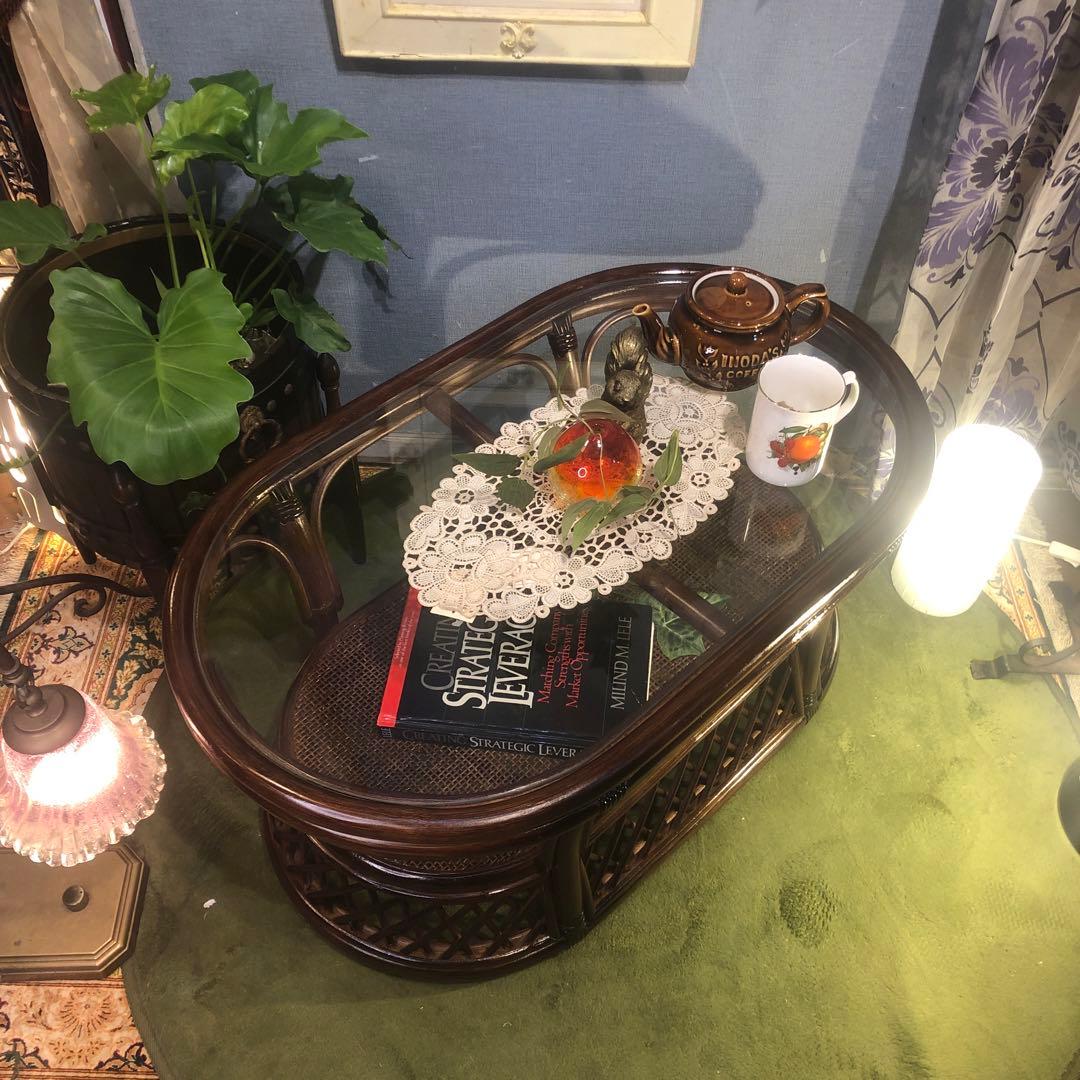 美品　ヴィンテージ ブラウン　籐ラタンフレーム センターテーブル　オーバル