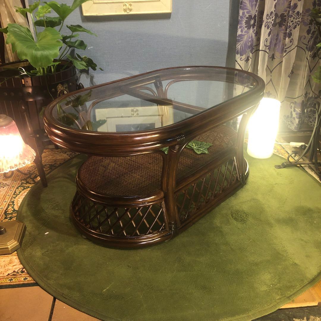 美品　ヴィンテージ ブラウン　籐ラタンフレーム センターテーブル　オーバル