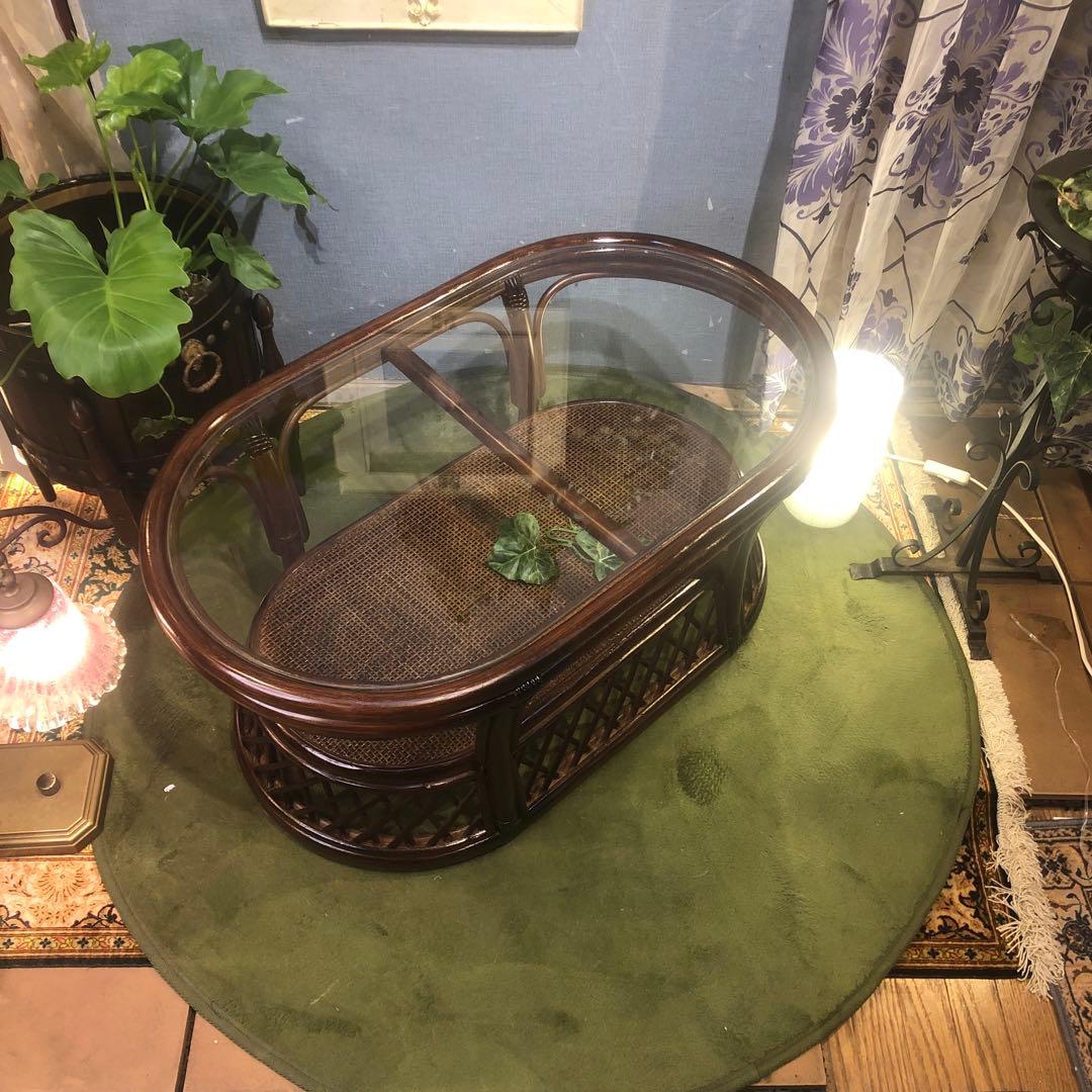 美品　ヴィンテージ ブラウン　籐ラタンフレーム センターテーブル　オーバル