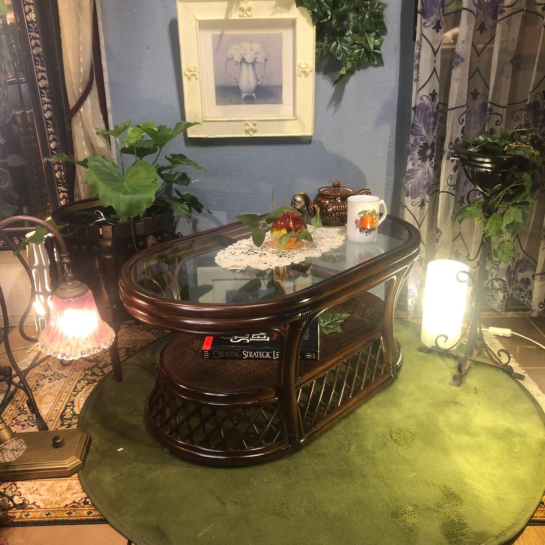 美品　ヴィンテージ ブラウン　籐ラタンフレーム センターテーブル　オーバル