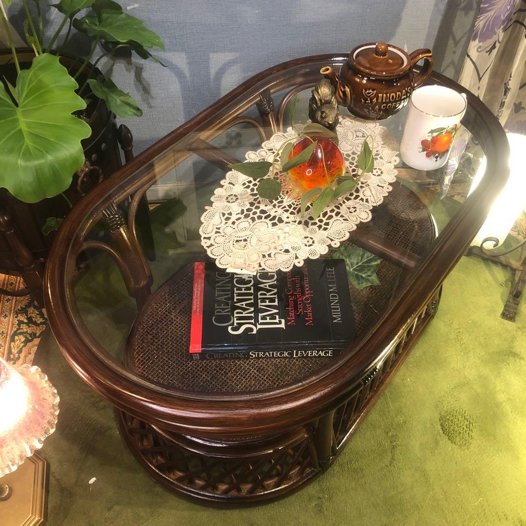 美品　ヴィンテージ ブラウン　籐ラタンフレーム センターテーブル　オーバル