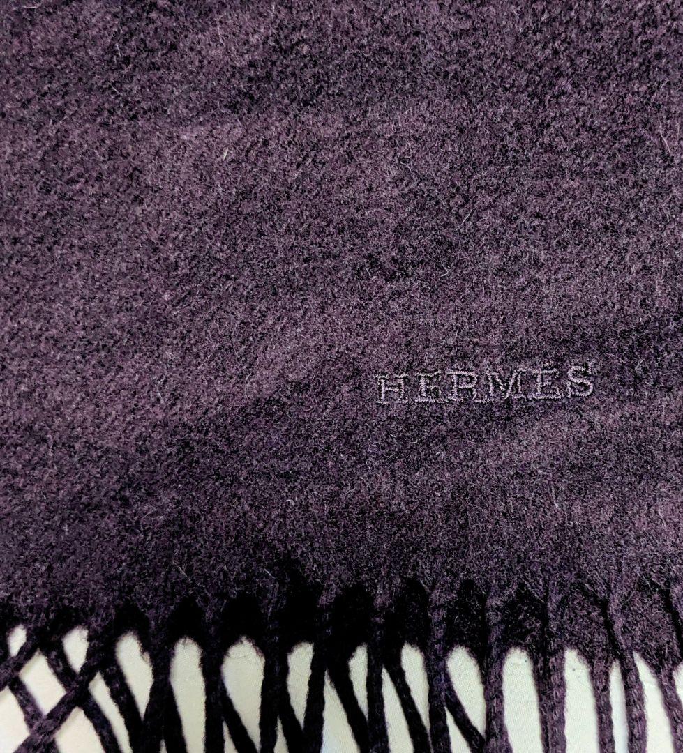 HERMES エルメス カシミヤ 100％ マフラー ロゴ刺繍 パープル系
