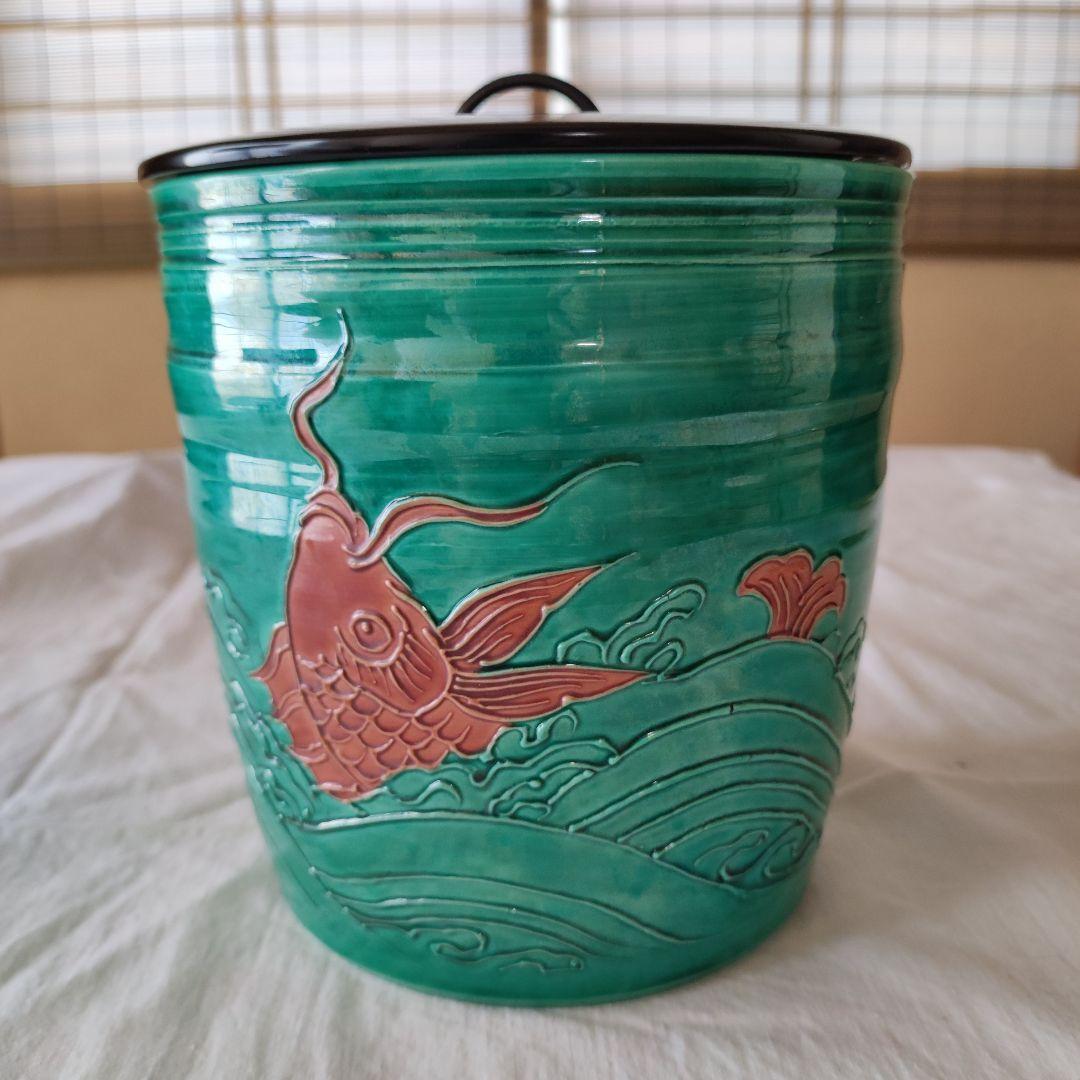 茶道具◆青交趾荒磯文水指◆粟田焼　岡田佳山