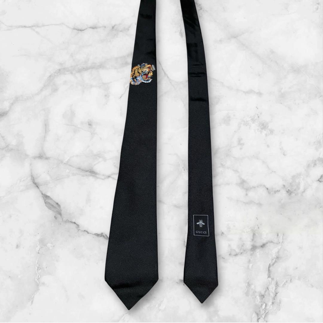 GUCCI グッチ　ネクタイ　虎　タイガー　ブラック　黒　ソリッド　GG柄　箱付