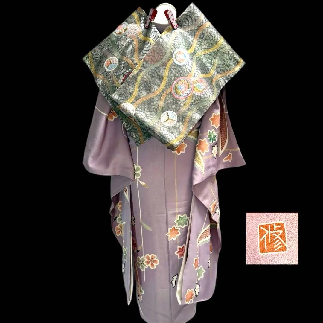 未使用品　作家物　落款　振袖フルセット　しつけ付き　金通し　桜　154〜164