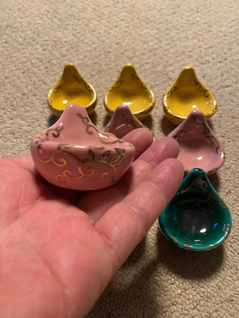 京焼珍味入れ　金唐草柄ちぎりもち緑交趾　黄交趾　ピンク3色　2セット 6個