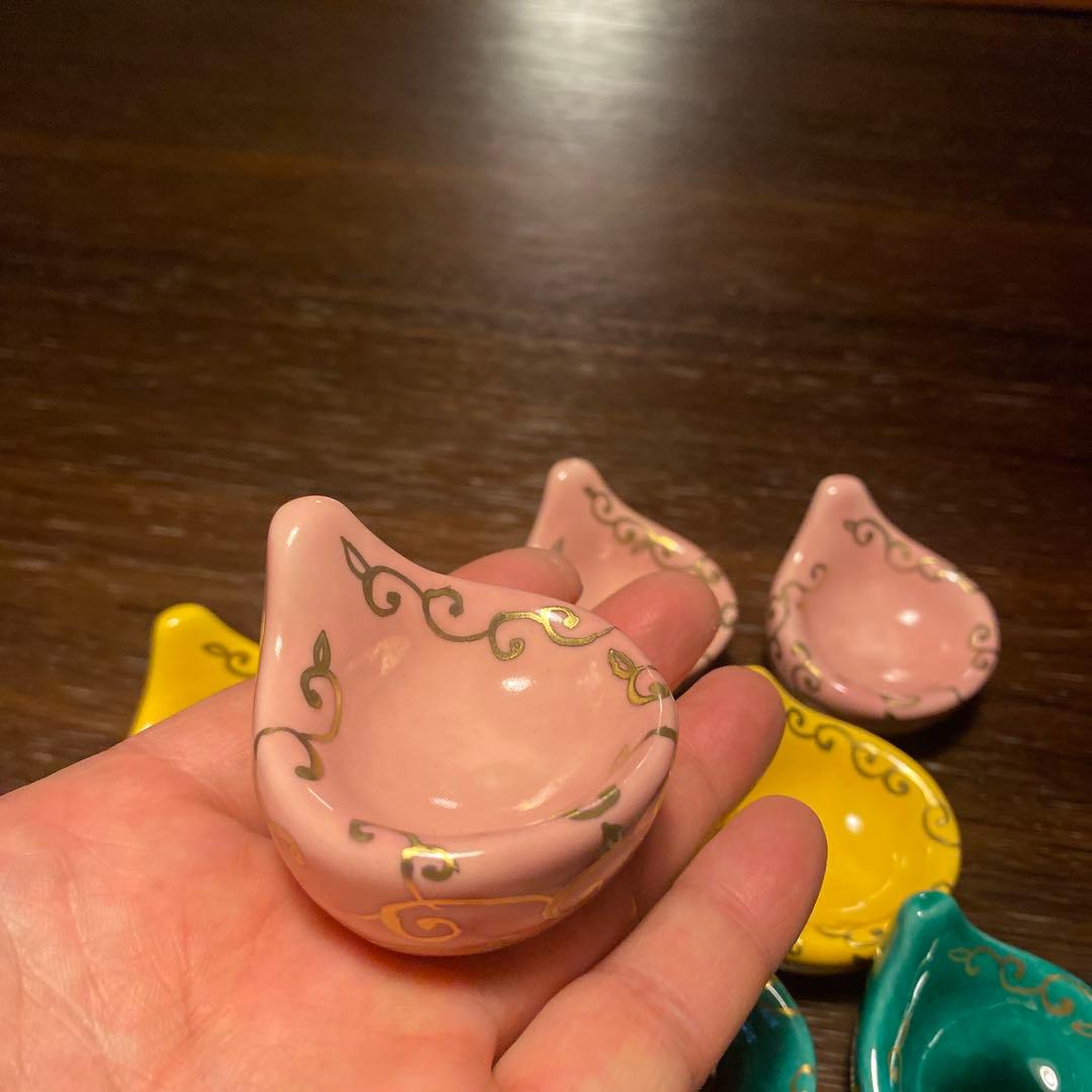 京焼珍味入れ　金唐草柄ちぎりもち緑交趾　黄交趾　ピンク3色　2セット 6個