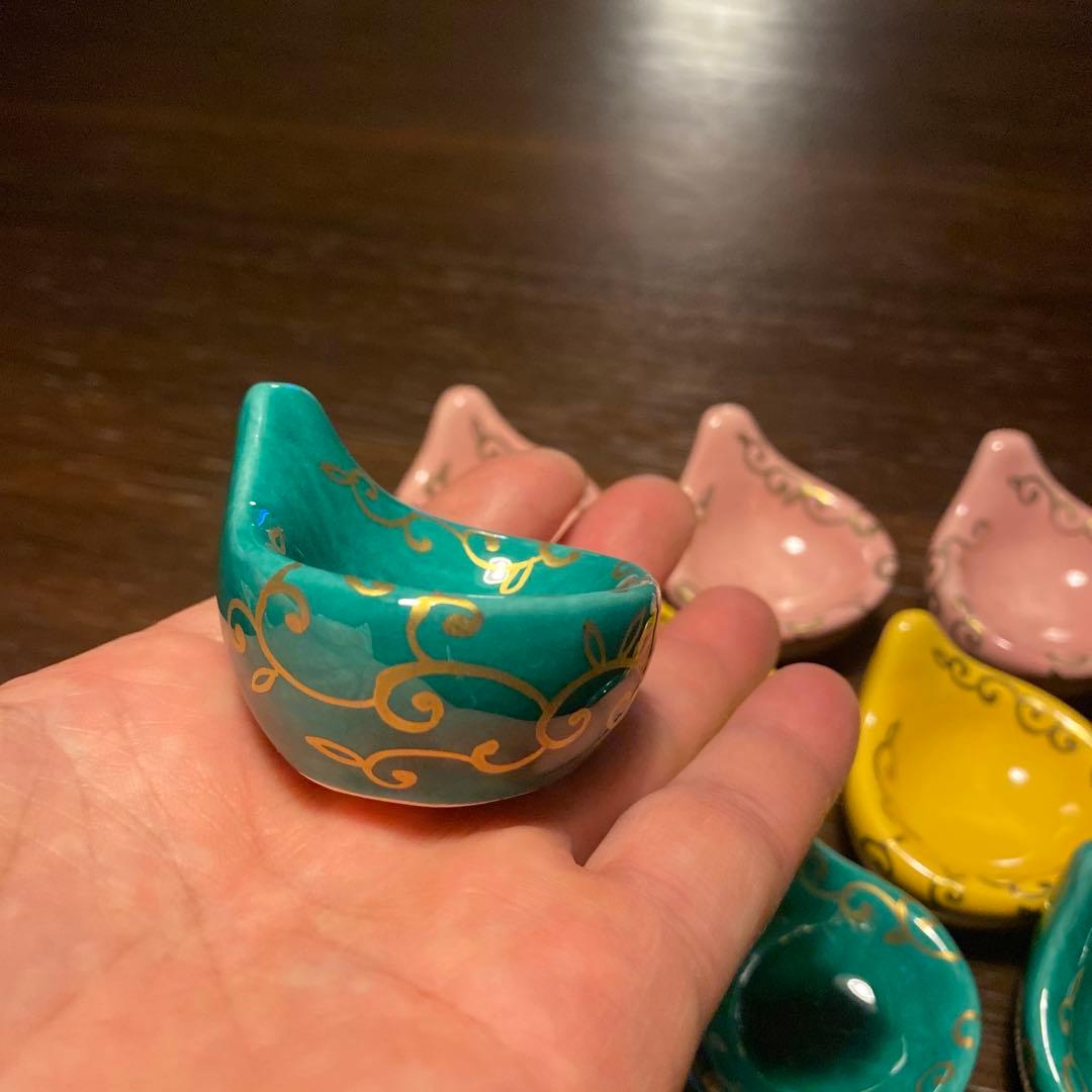 京焼珍味入れ　金唐草柄ちぎりもち緑交趾　黄交趾　ピンク3色　2セット 6個