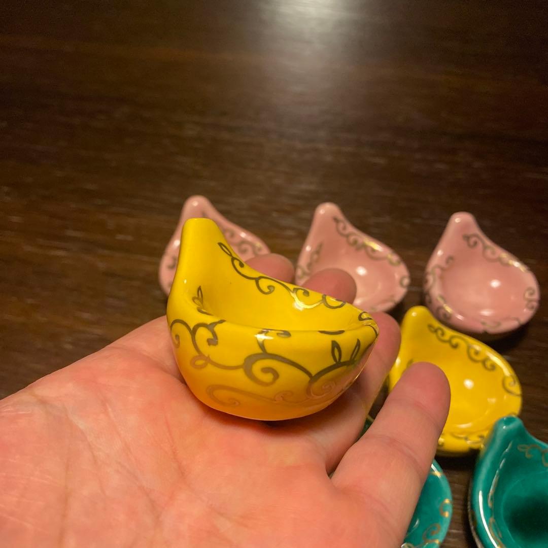 京焼珍味入れ　金唐草柄ちぎりもち緑交趾　黄交趾　ピンク3色　2セット 6個