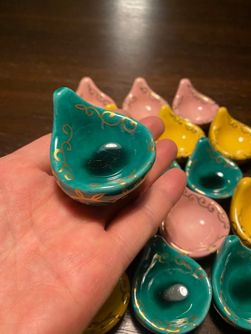 京焼珍味入れ　金唐草柄ちぎりもち緑交趾　黄交趾　ピンク3色　2セット 6個