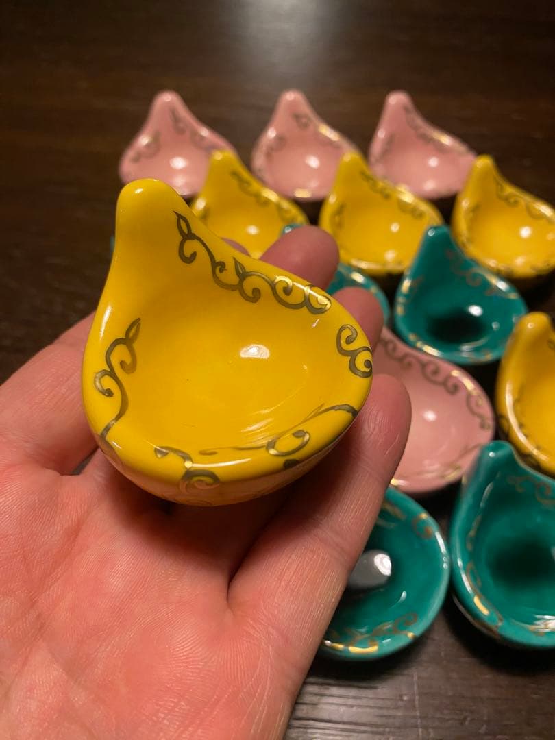 京焼珍味入れ　金唐草柄ちぎりもち緑交趾　黄交趾　ピンク3色　2セット 6個