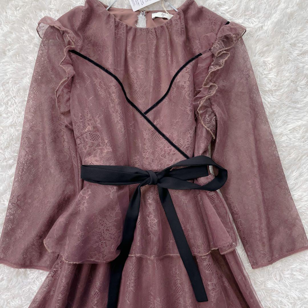 新品✨Leja レース花柄レイヤード配色フレアバックリボンロングワンピースドレス