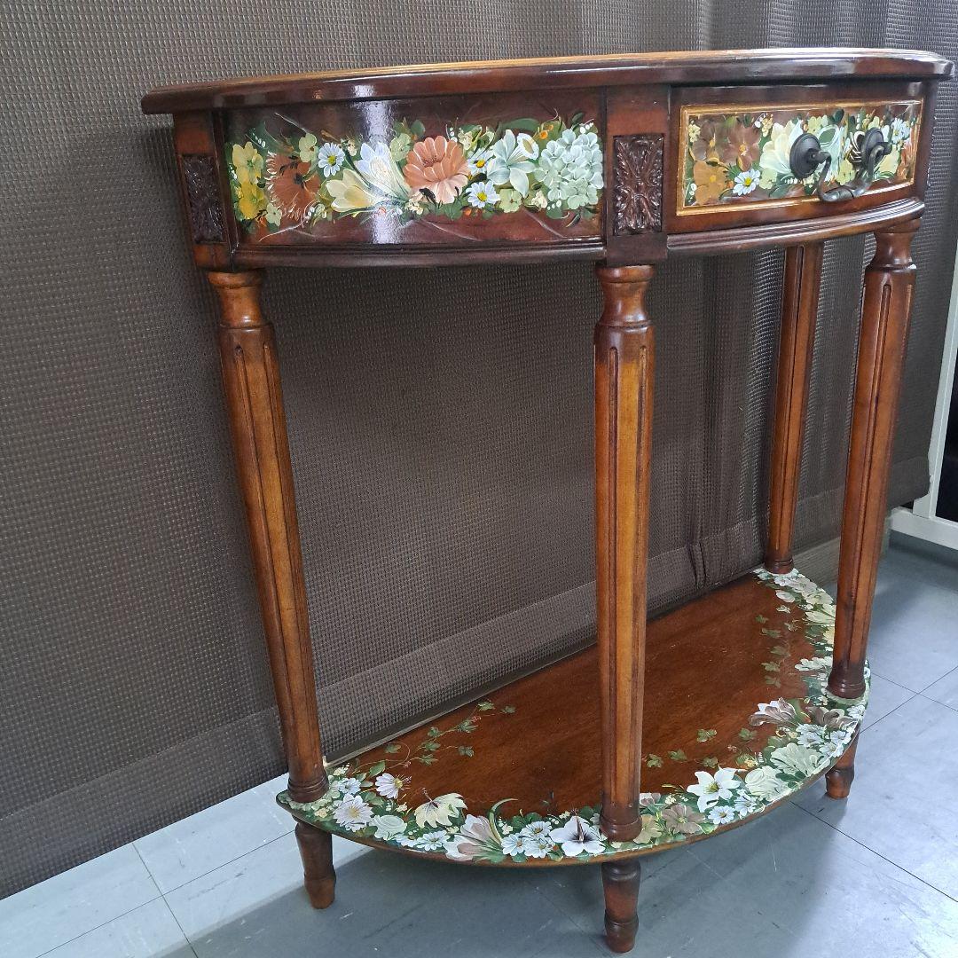 ♡欧米コンソール　テーブル　トールペイント花柄装飾　 半月型木製テーブル♡