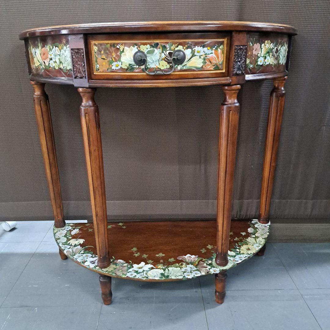 ♡欧米コンソール　テーブル　トールペイント花柄装飾　 半月型木製テーブル♡