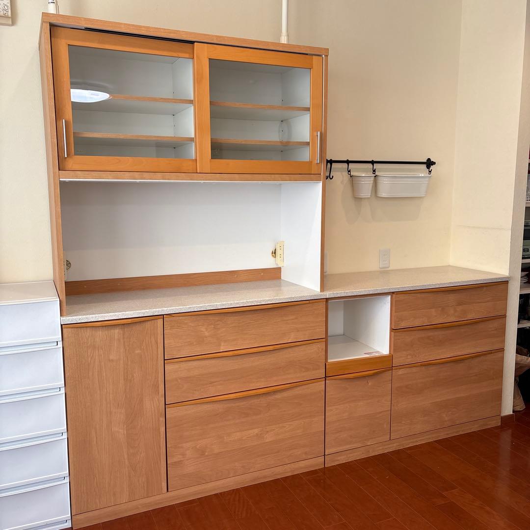 美品！堀田木工カウンター カップボード ナチュラル木目調 食器棚 3段引き出し