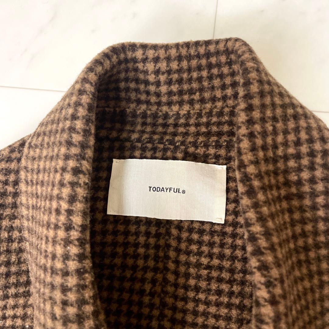 専用【美品】トゥデイフル オーバーチェックコート ウール ロング 38 茶