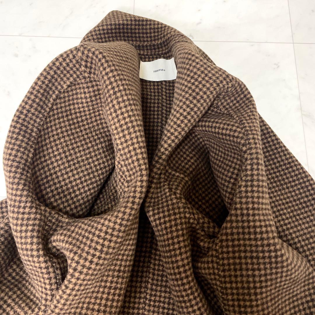 専用【美品】トゥデイフル オーバーチェックコート ウール ロング 38 茶