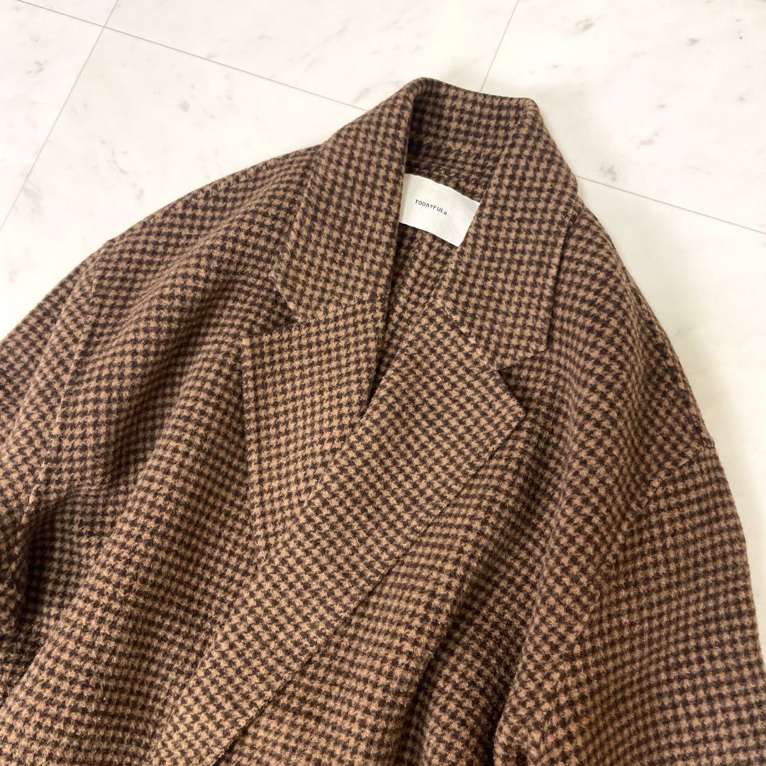 専用【美品】トゥデイフル オーバーチェックコート ウール ロング 38 茶