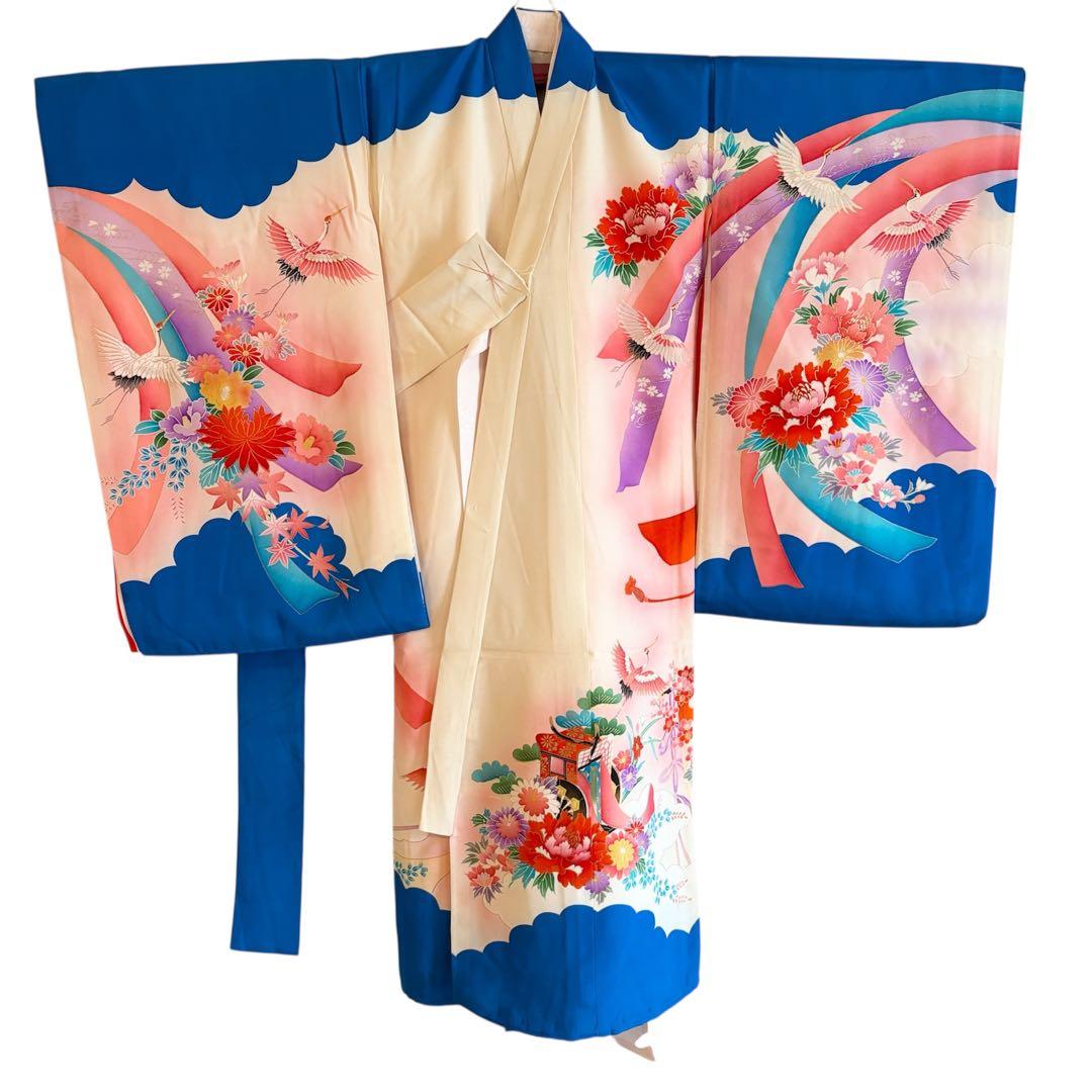 お宮参り 掛け着 正絹 のしめ 初着 青 白 ヴィンテージ M2508232