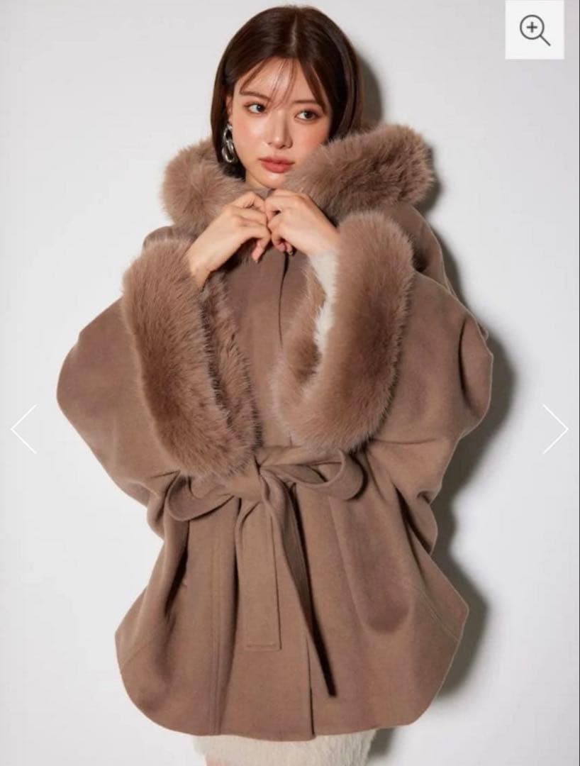 rienda ウールMIXフードポンチョコート ブラウン