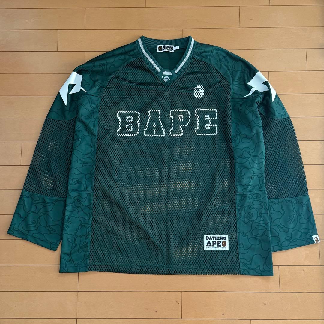 BAPE メッシュ　ジャージ ダークグリーン　ベイプ　ラグビー　長袖