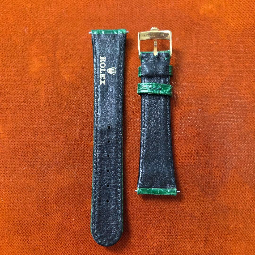 ROLEX 時計レザーベルクロコダイル型押しグリーン系/K18尾錠&バネ棒付