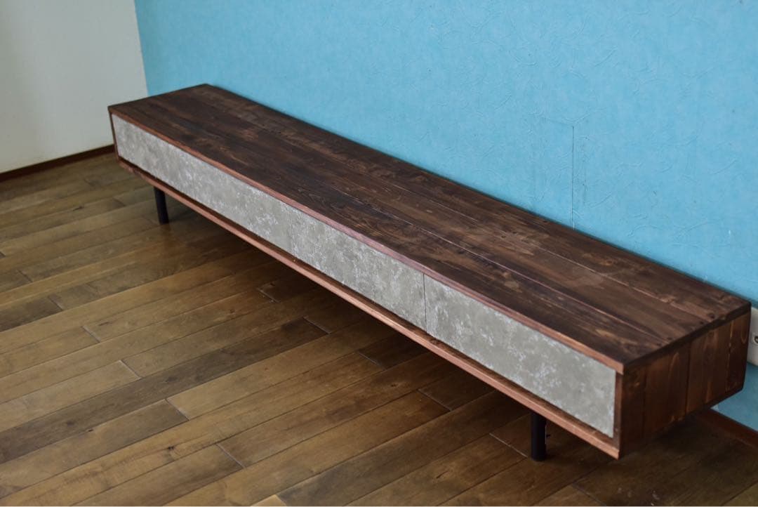 無垢材】テレビボード220㎝ダークブラウン色モルタル風　鉄脚